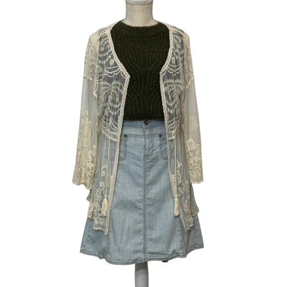 ROOMMATES Lace Duster Cardigan XL Beige Tie at Waist Tassels Boho Romantic Chic - Picture 1 of 11